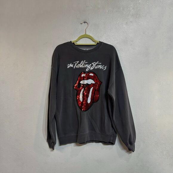 Rolling Stones Charcoal Sequin Tongue Graphic Crewneck Sweatshirt Sz M - Picture 2 of 11
